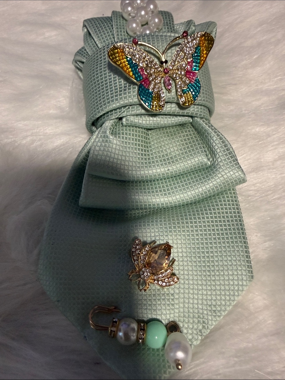 Junk Tie Green Dress with Decorative Butterfly Accent